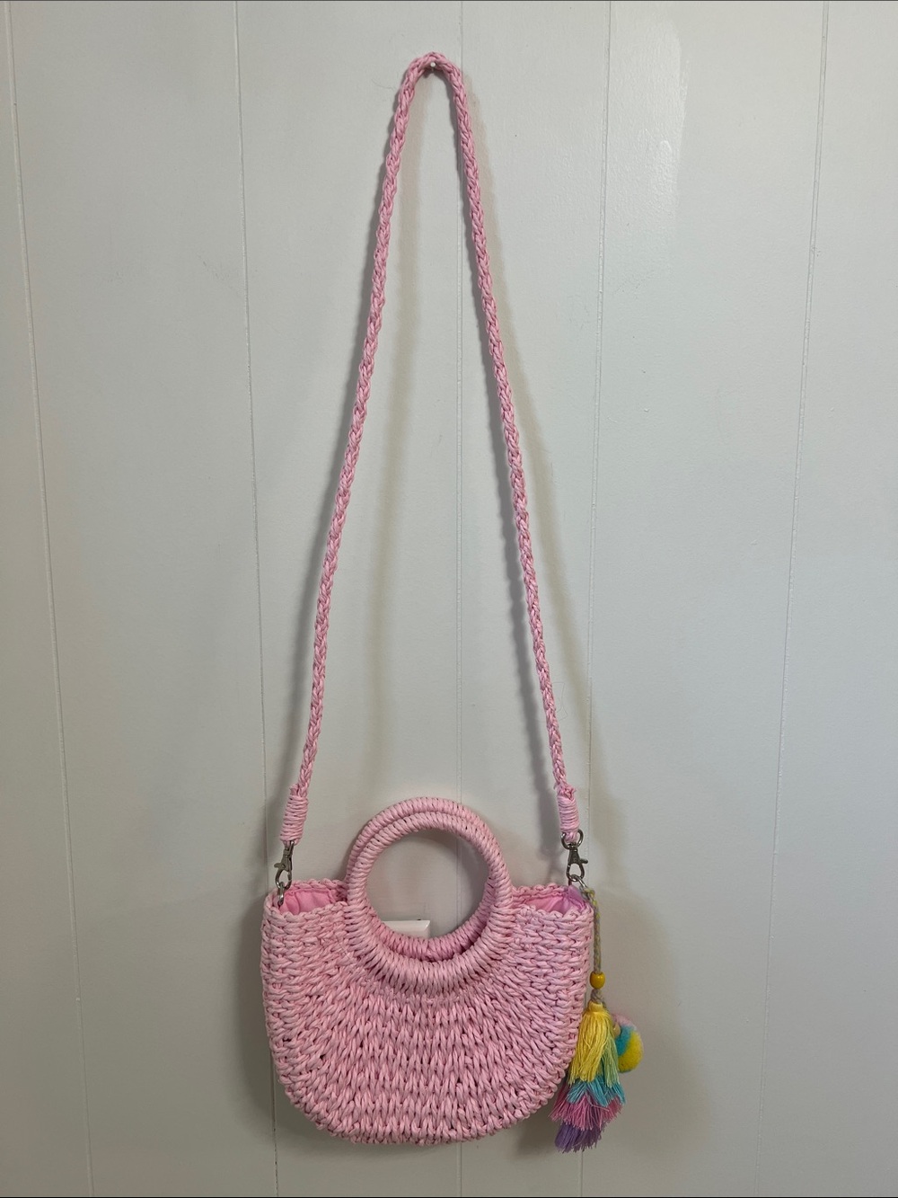 Most Wanted USA Pastel Pink Straw Top Handle Crossbody Boho Bag Tassels PomPom - Picture 3 of 12